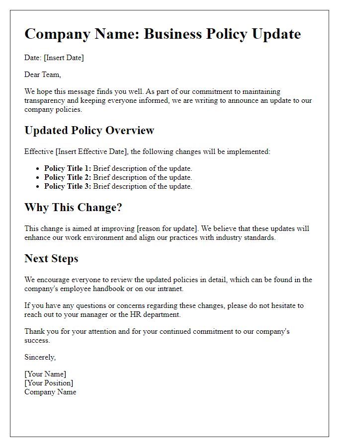 Letter template of business policy update for company newsletters.