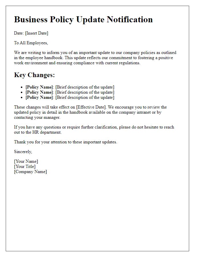 Letter template of business policy update for employee handbooks.