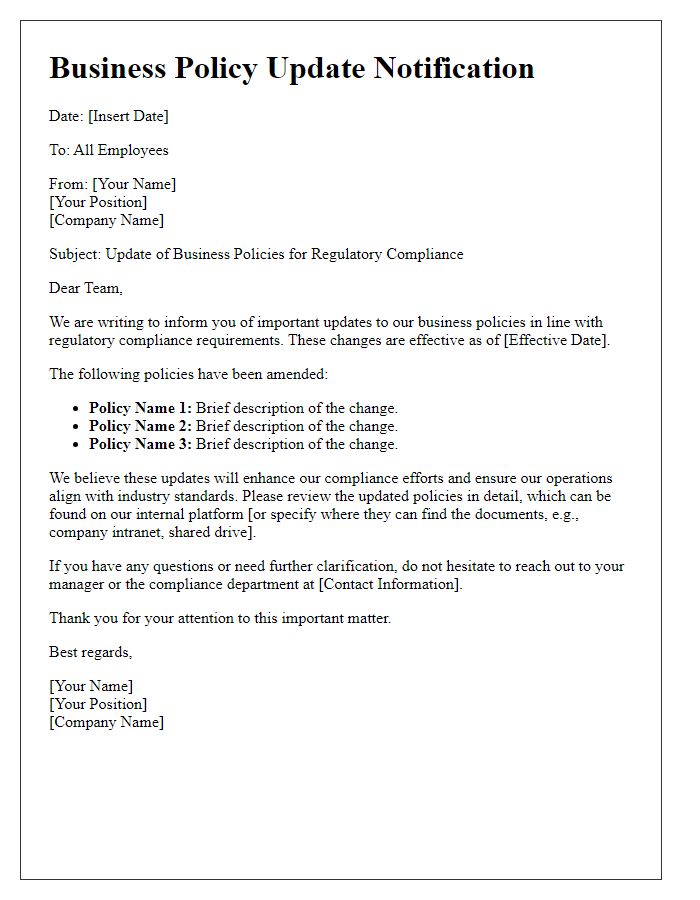 Letter template of business policy update for regulatory compliance.