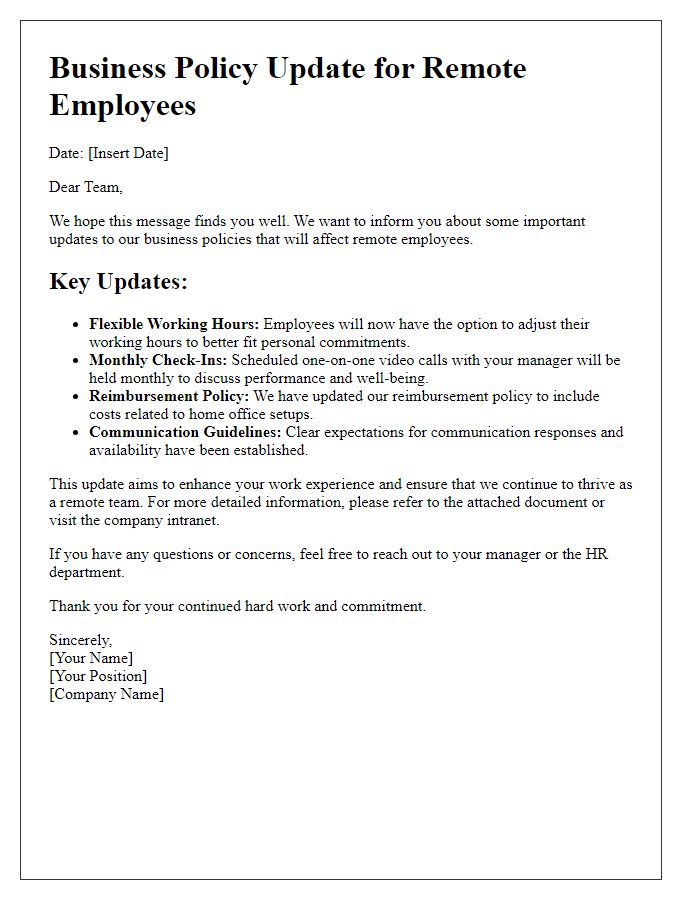 Letter template of business policy update for remote employees.