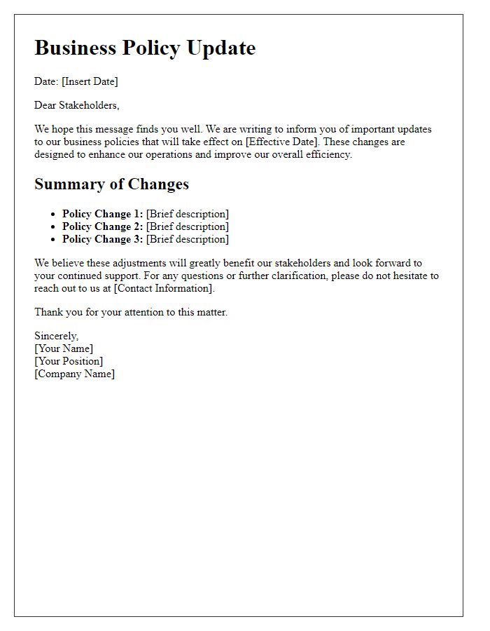 Letter template of business policy update for stakeholders.