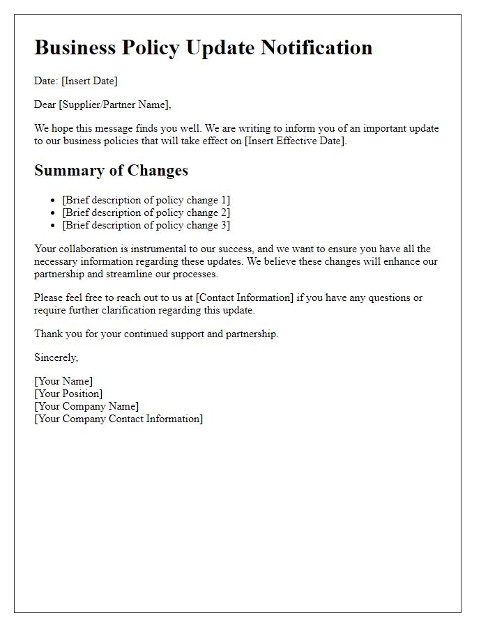 Letter template of business policy update for suppliers and partners.