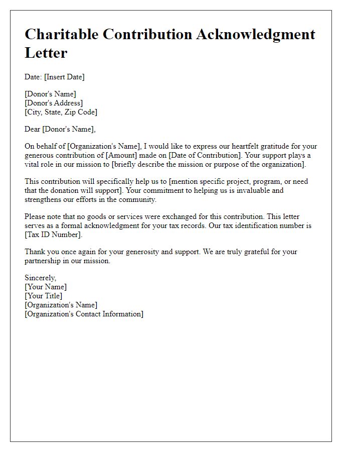 Letter template of charitable contribution acknowledgment