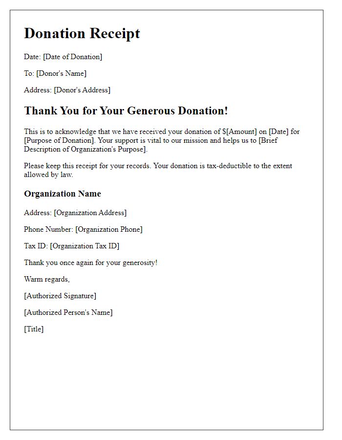 Letter template of formal donation receipt