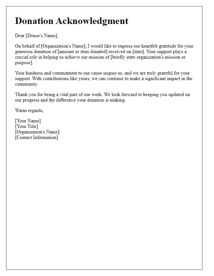 Letter template of heartfelt donation acknowledgment note