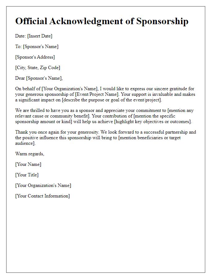 Letter template of official acknowledgment for sponsorship