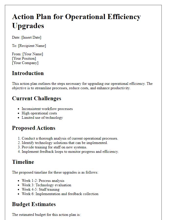 Letter template of action plan for operational efficiency upgrades