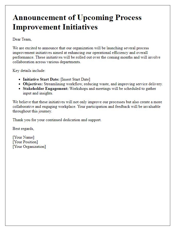 Letter template of announcement for upcoming process improvement initiatives