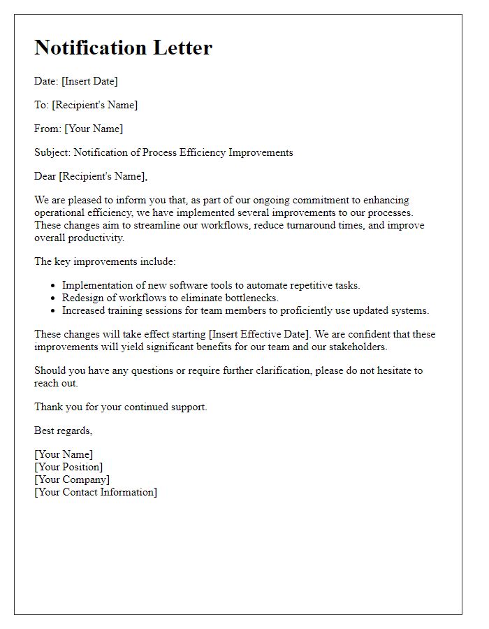 Letter template of notification for process efficiency improvements