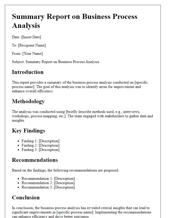 Letter template of summary report on business process analysis