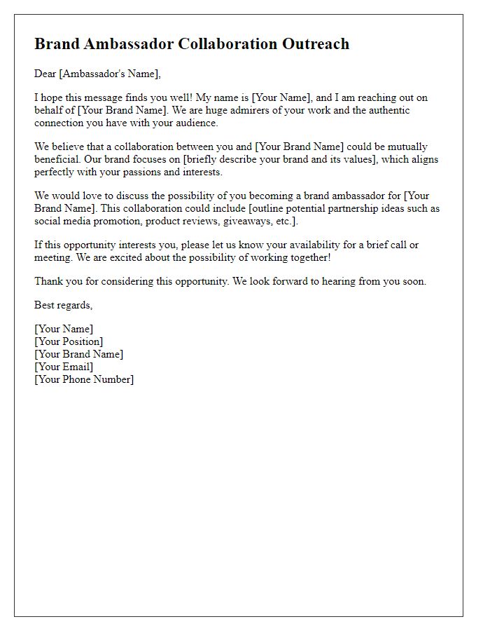 Letter template of brand ambassador collaboration outreach.