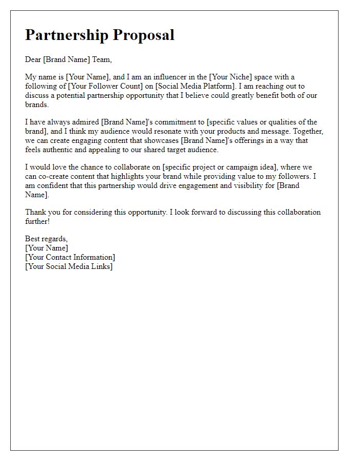 Letter template of influencer partnership request for brand engagement.