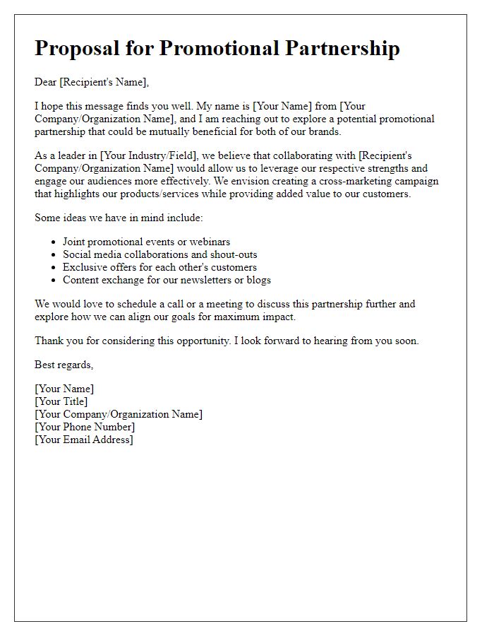 Letter template of promotional partnership interest for cross-marketing.