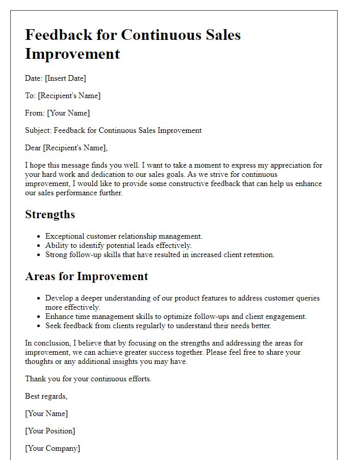 Letter template of feedback for continuous sales improvement.