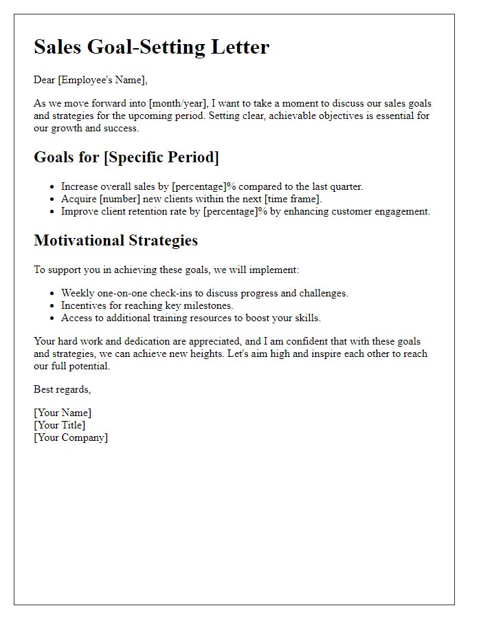 Letter template of goal-setting for increased sales motivation.