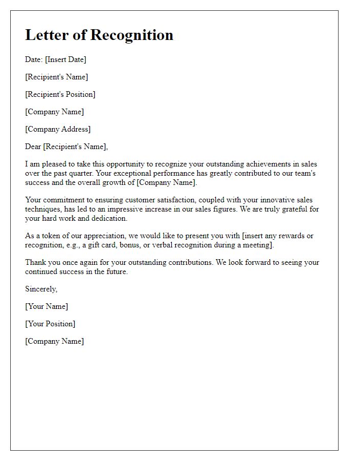 Letter template of recognition for outstanding sales achievements.