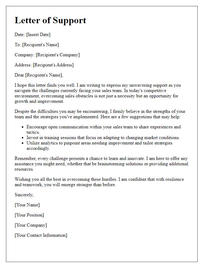 Letter template of support for overcoming sales challenges.