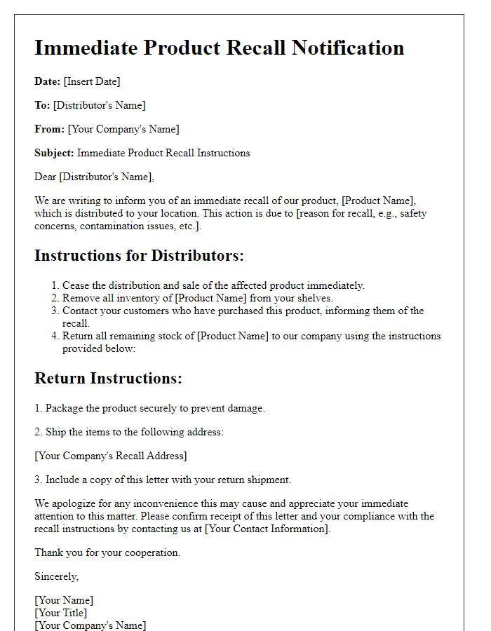 Letter template of immediate product recall instructions for distributors