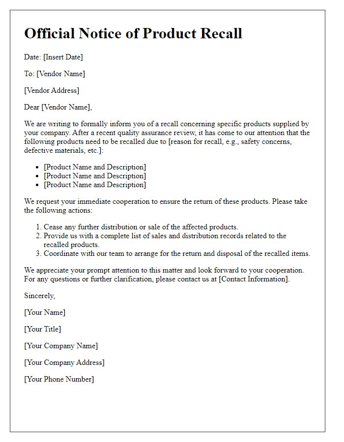 Letter template of official notice for recall of vendor products