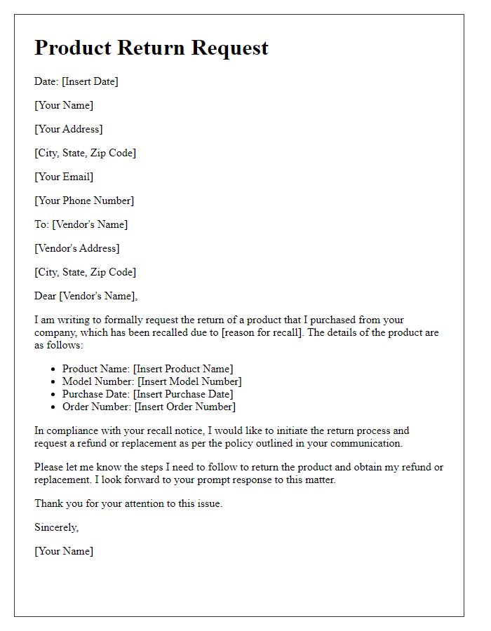 Letter template of product return request following vendor recall
