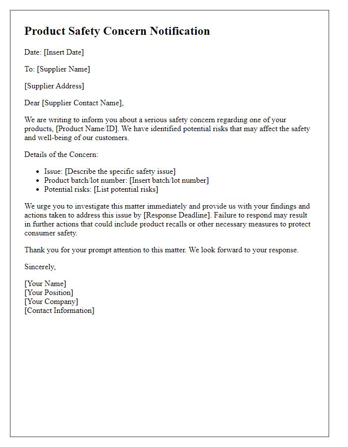 Letter template of product safety concern notification for suppliers