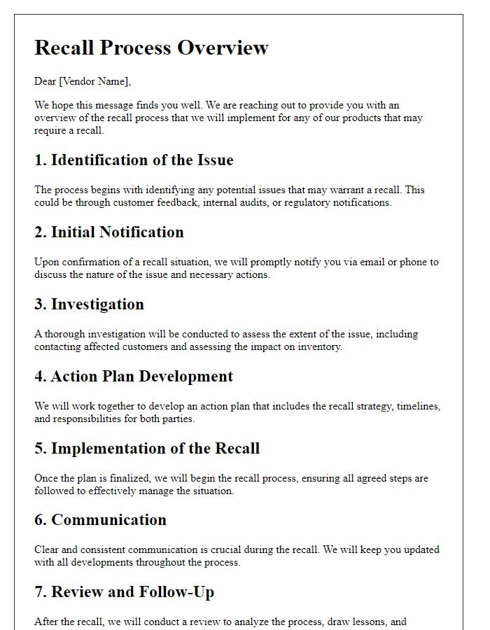 Letter template of recall process overview for product vendors