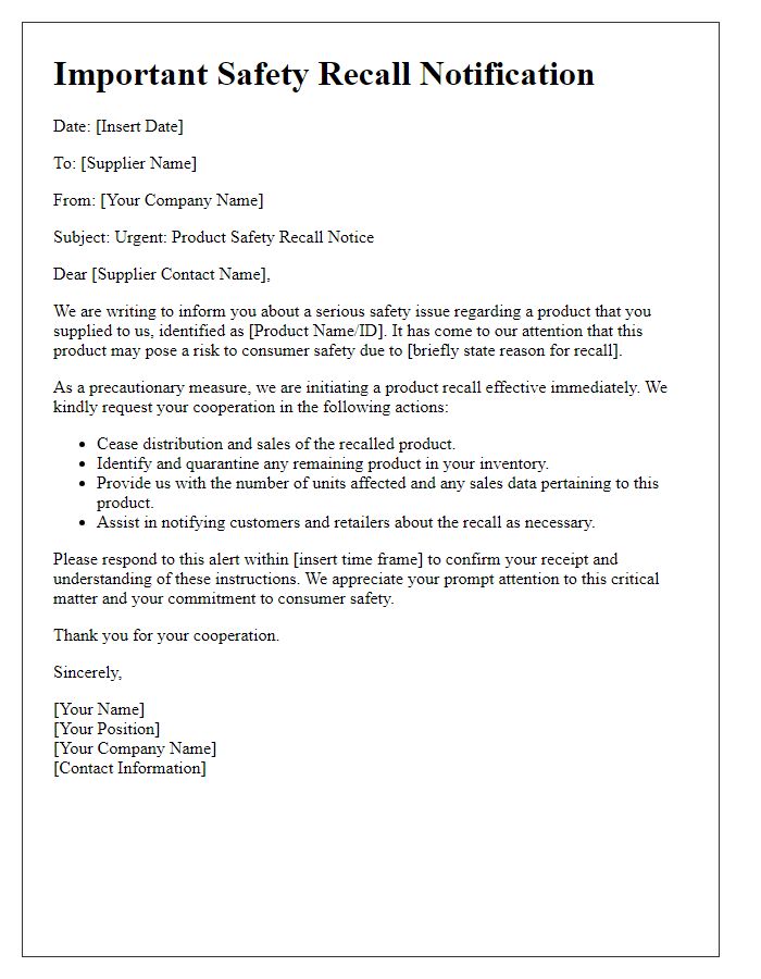 Letter template of supplier alert regarding product safety recall