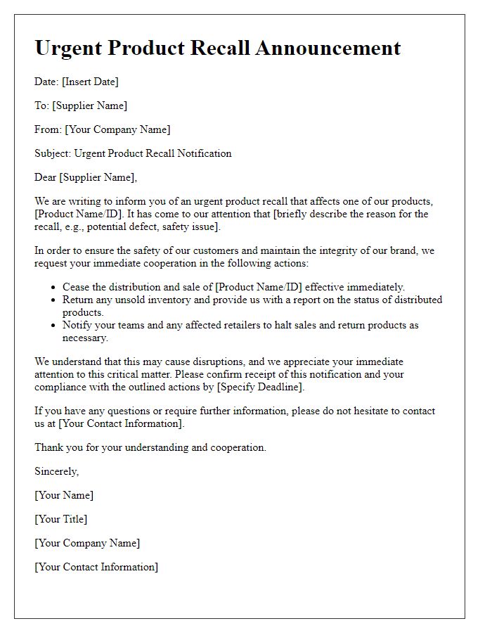 Letter template of urgent product recall announcement to suppliers