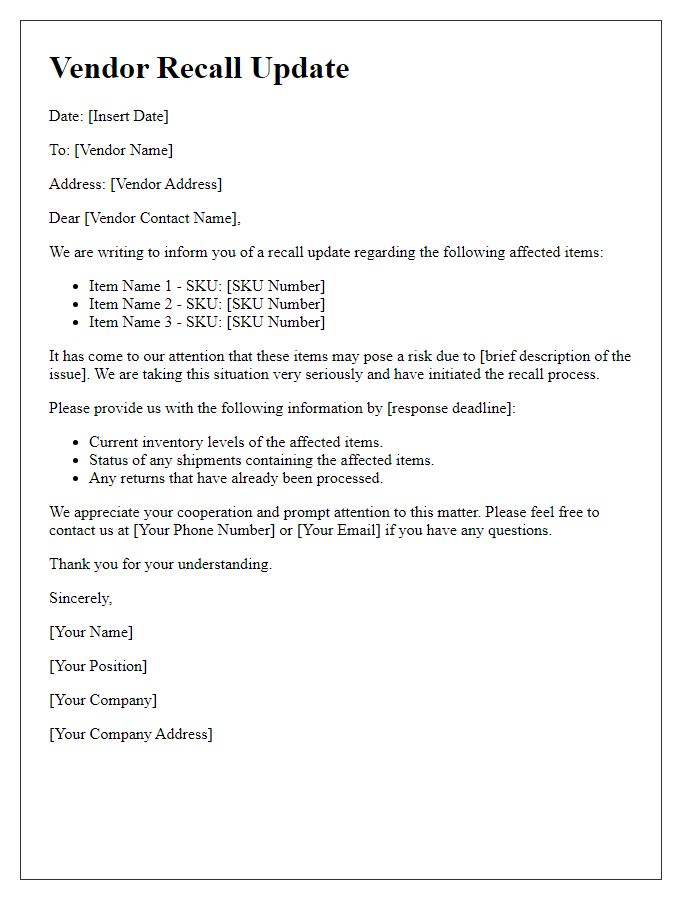 Letter template of vendor recall update for affected items