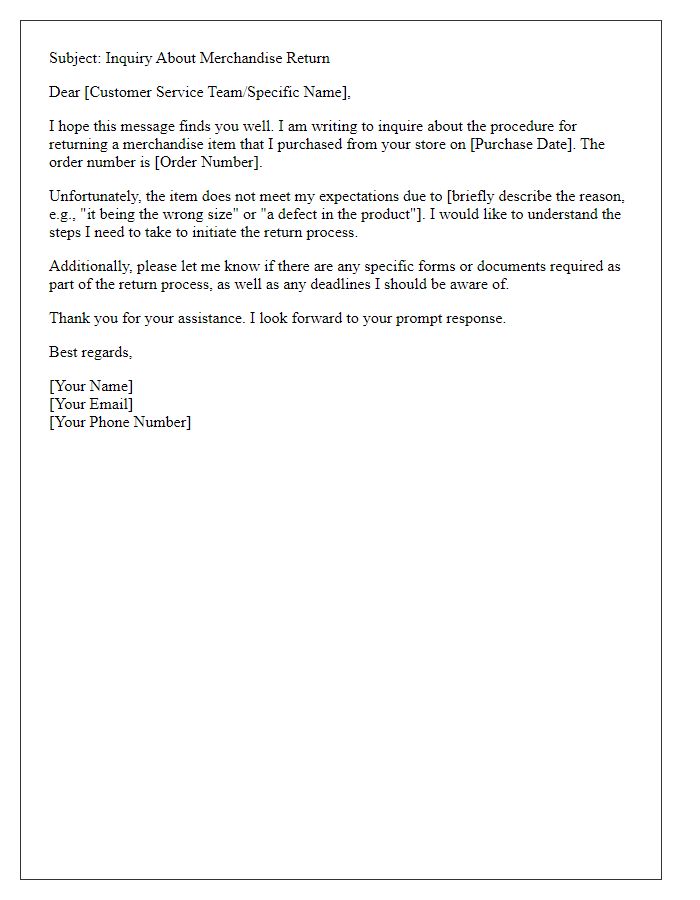 Letter template of email inquiry for merchandise return.