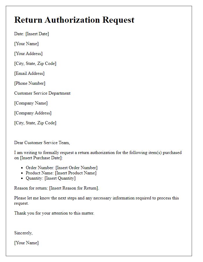 Letter template of notification for return authorization request.