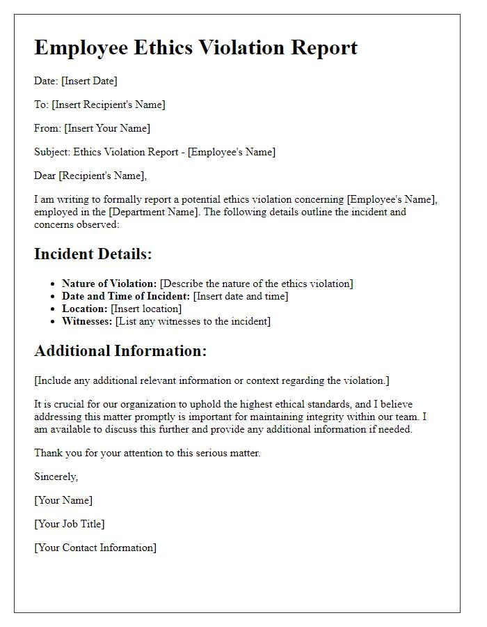 Letter template of employee ethics violation report