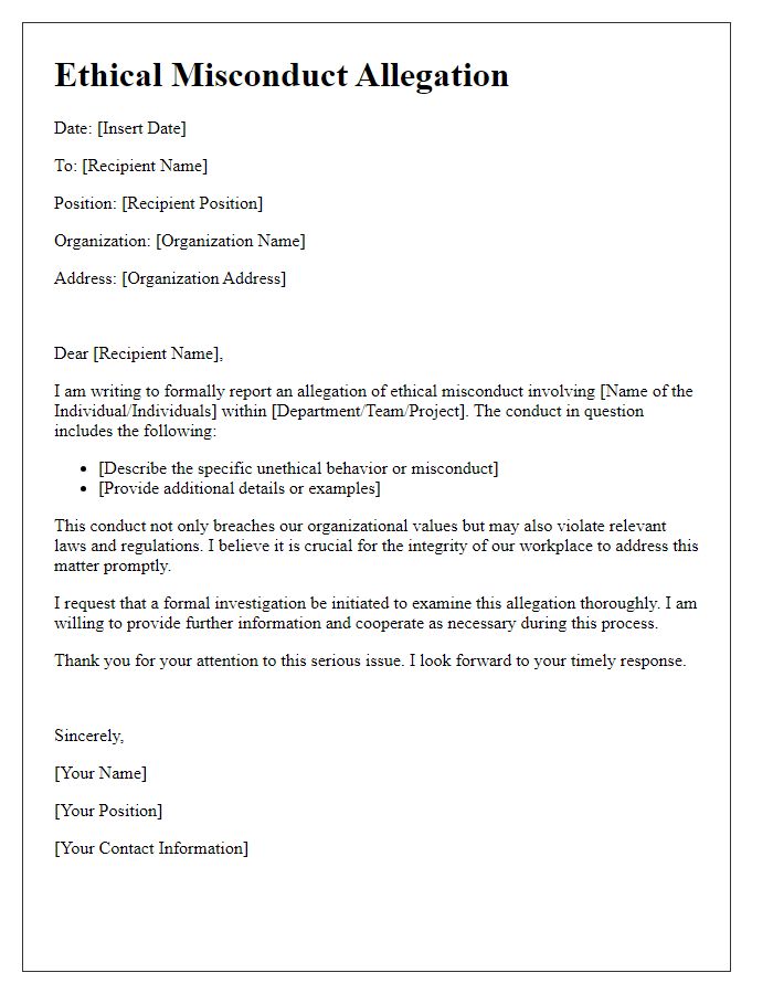 Letter template of ethical misconduct allegation