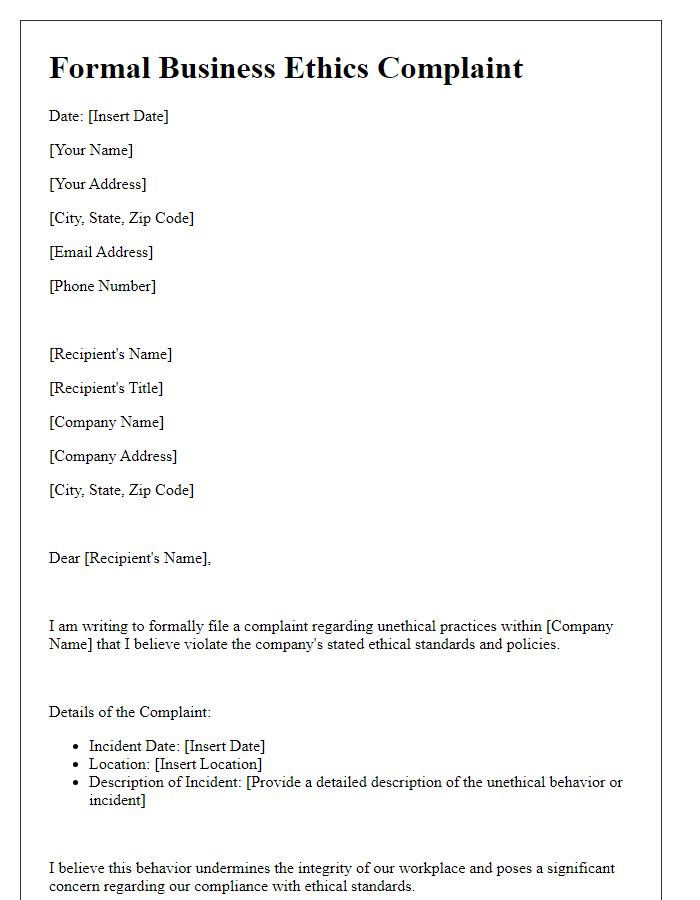 Letter template of formal business ethics complaint