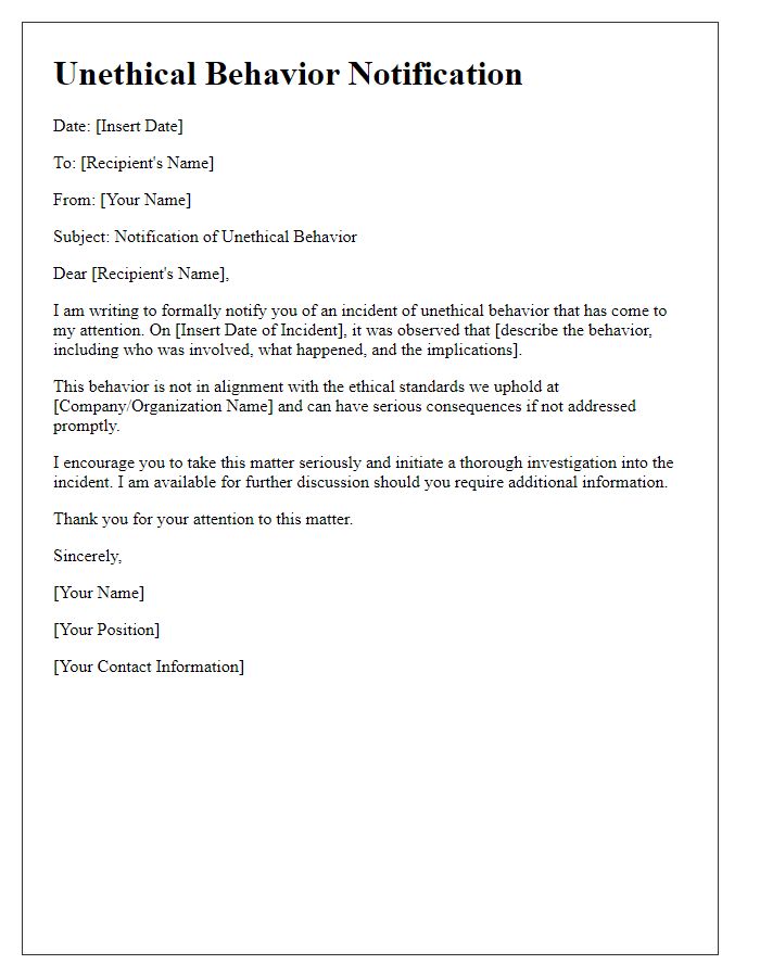 Letter template of unethical behavior notification