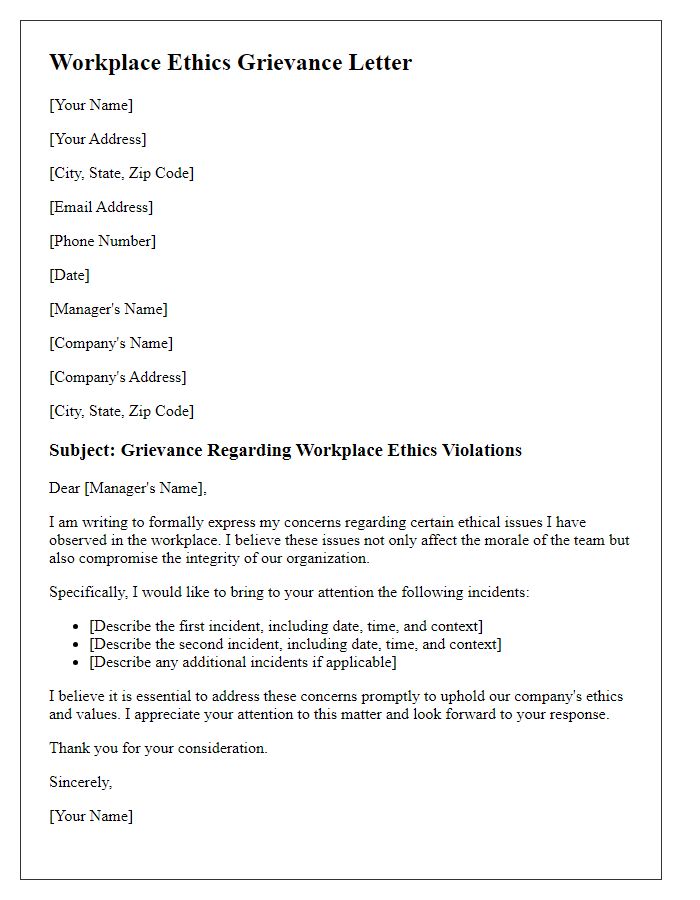 Letter template of workplace ethics grievance