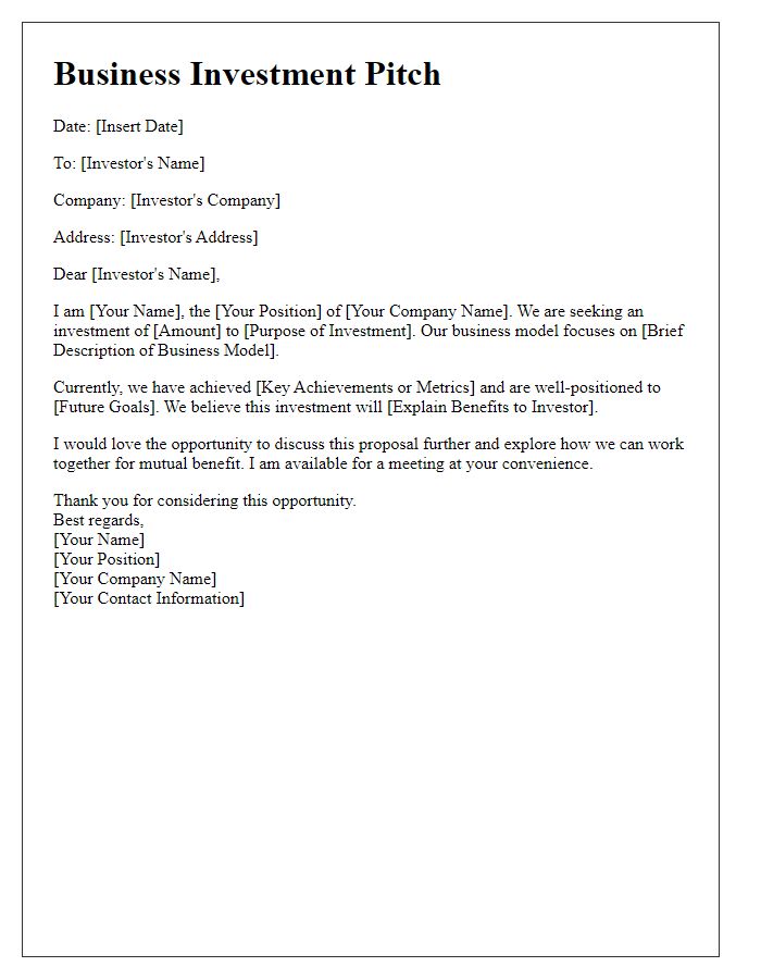 Letter template of Business Investment Pitch