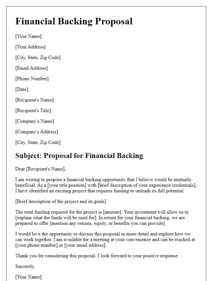 Letter template of Financial Backing Proposal