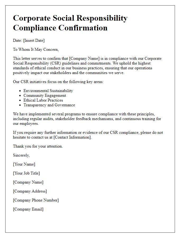 Letter template of Corporate Social Responsibility Compliance Confirmation