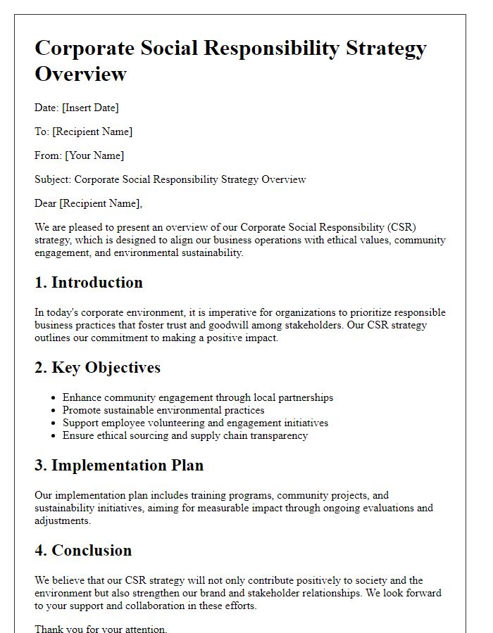 Letter template of Corporate Social Responsibility Strategy Overview