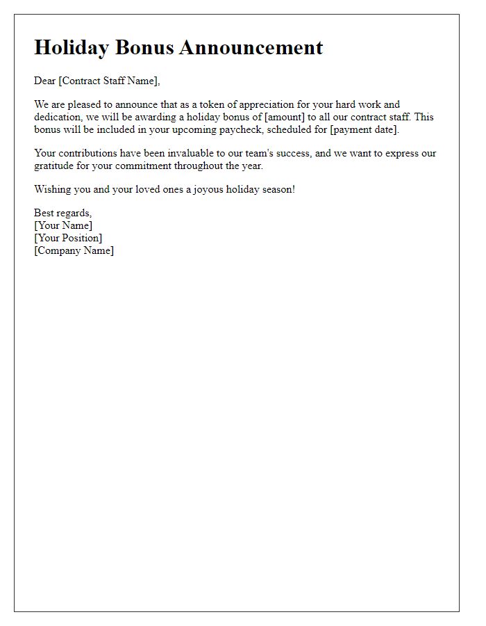 Letter template of holiday bonus announcement for contract staff