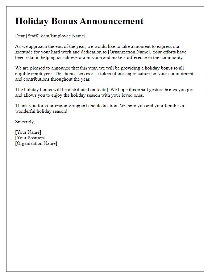 Letter template of holiday bonus announcement for non-profit organization