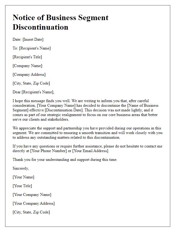 Letter template of business segment discontinuation.