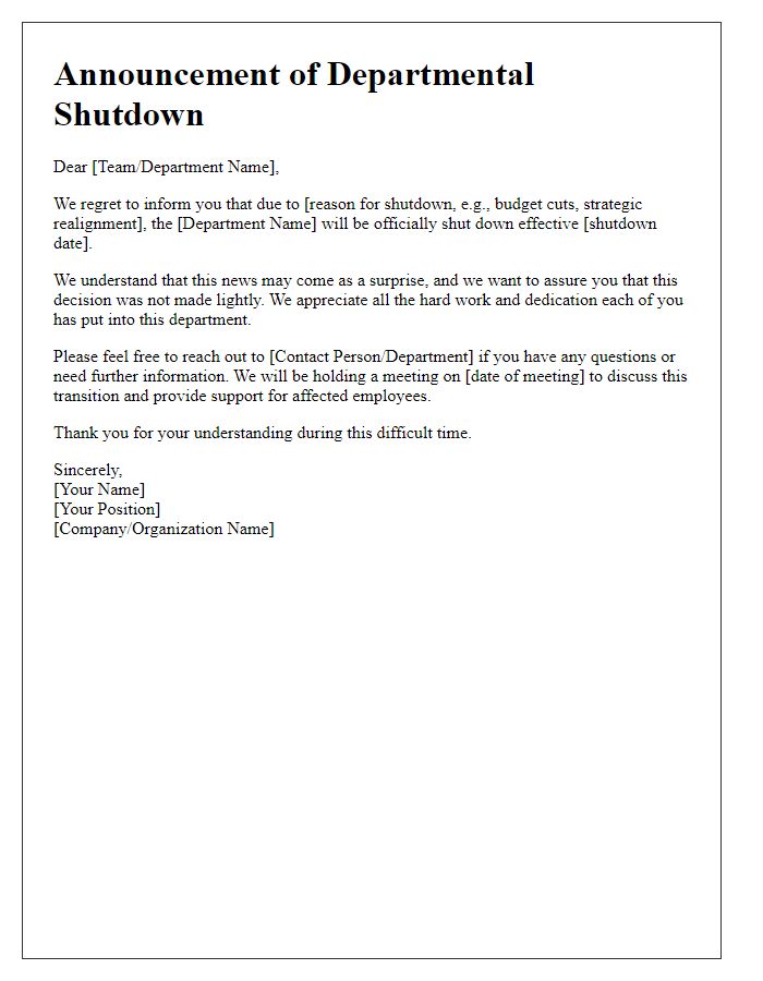 Letter template of departmental shutdown announcement.