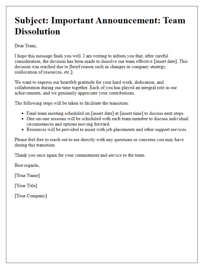 Letter template of team dissolution communication.