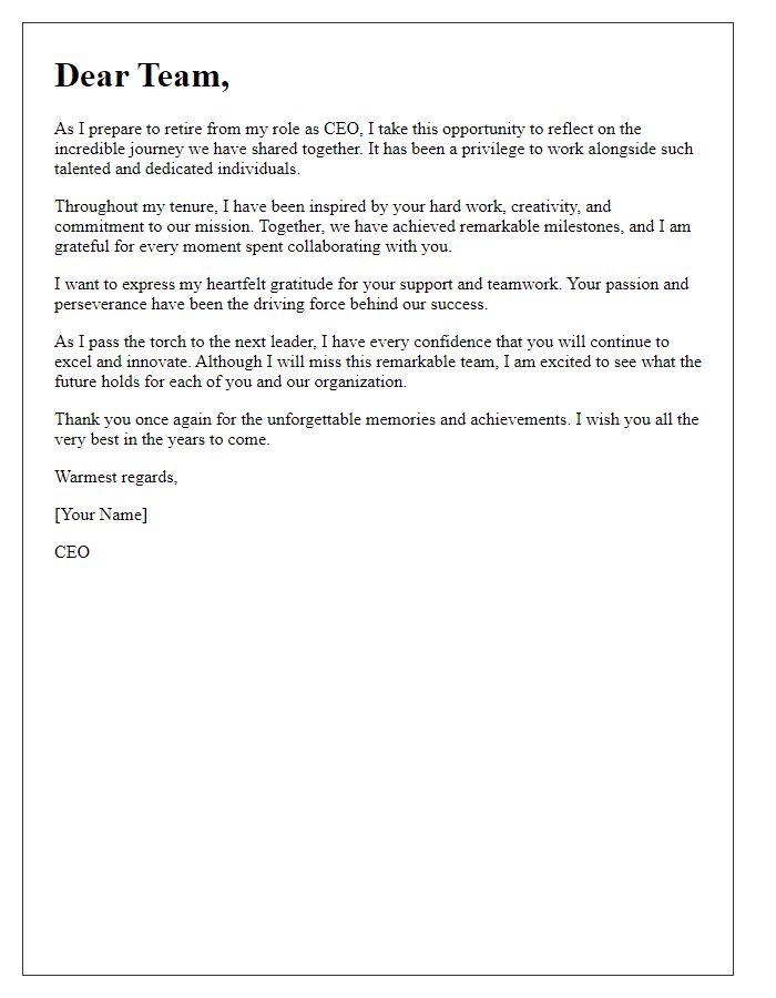 Letter template of CEO retirement and gratitude to the team.