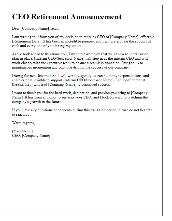 Letter template of CEO retirement announcement and transition plan.