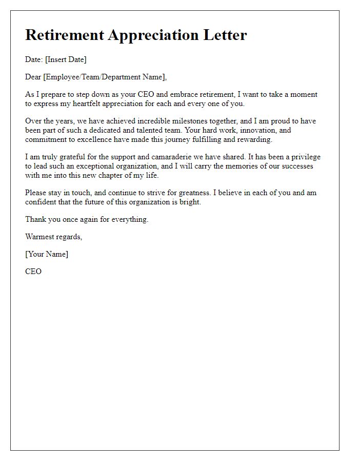 Letter template of CEO retirement appreciation letter.