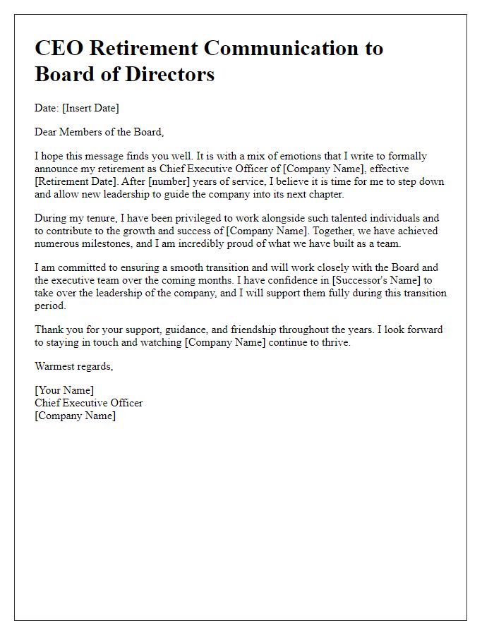 Letter template of CEO retirement communication to board of directors.