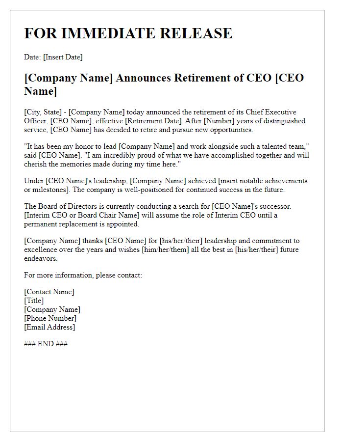 Letter template of CEO retirement press release.